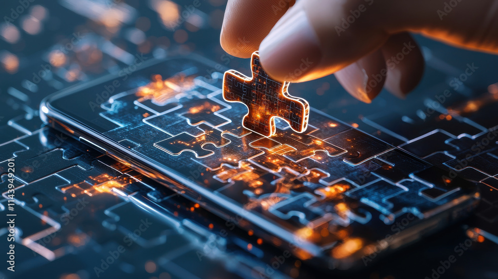 Poster digital puzzle game being played on smartphone, showcasing glowing puzzle piece being placed. vibran