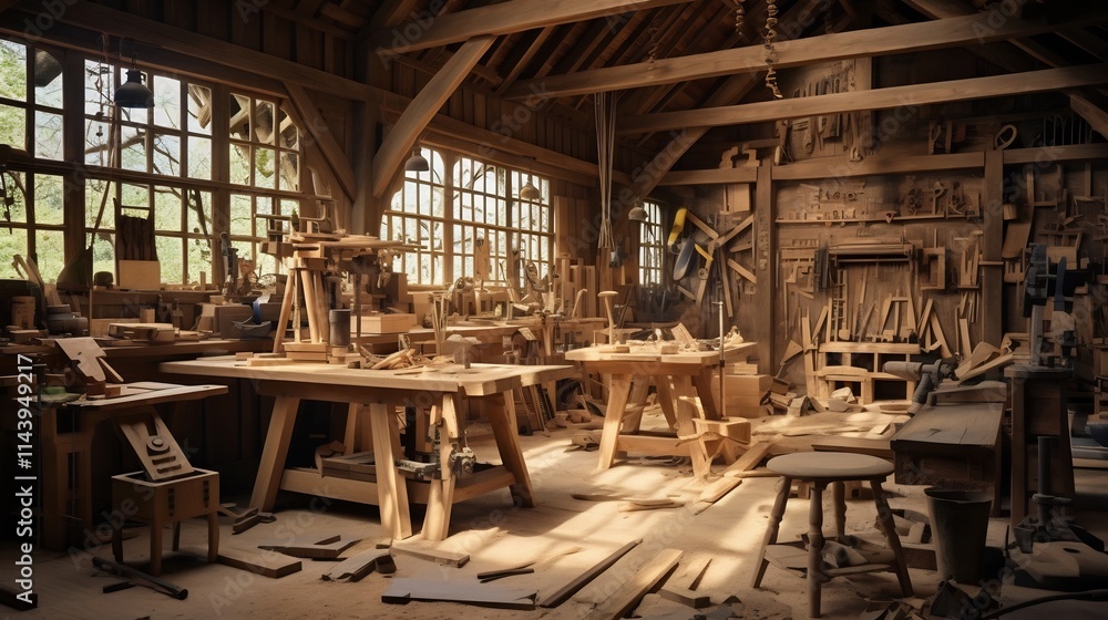 Poster comprehensive view of a traditional carpentry workshop filled with an array of essential woodworking