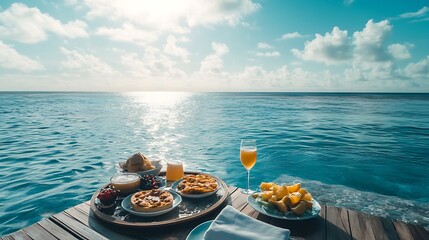 Obraz premium Luxurious oceanfront breakfast with pastries, fruit, and mimosa.