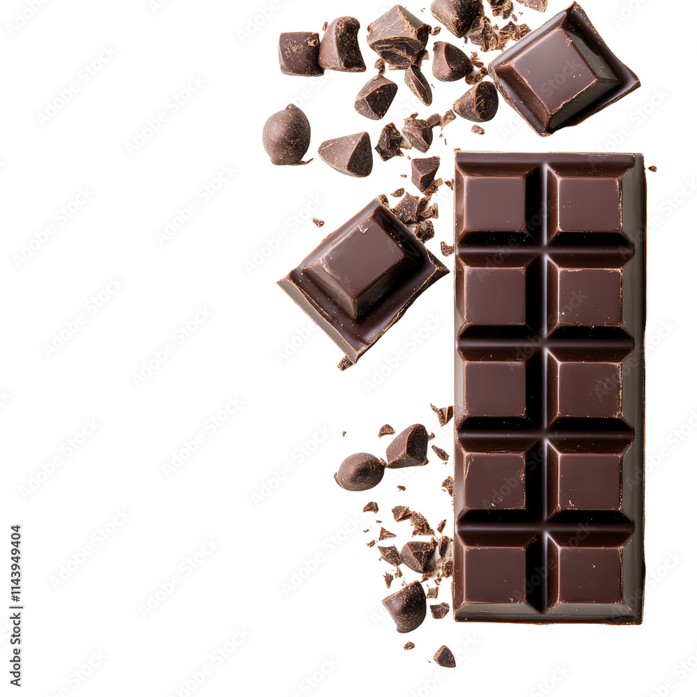 Poster dark chocolate bar and scattered chocolate pieces on a transparent background with ample space for b