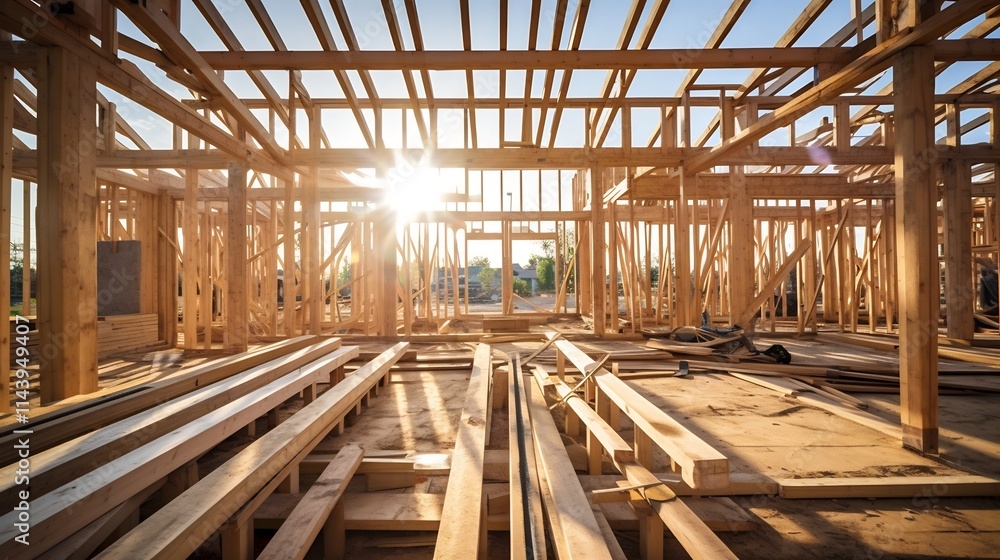 Poster wooden beams being utilized to build the frame of a new house at an open construction site with the 