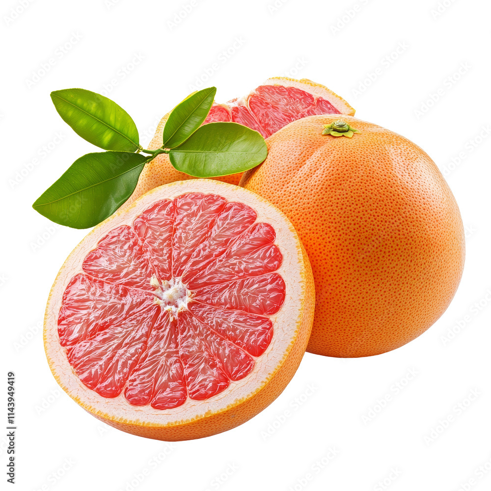 Poster fresh grapefruit with a slice and green leaves isolated on a clean transparent background, grapefrui