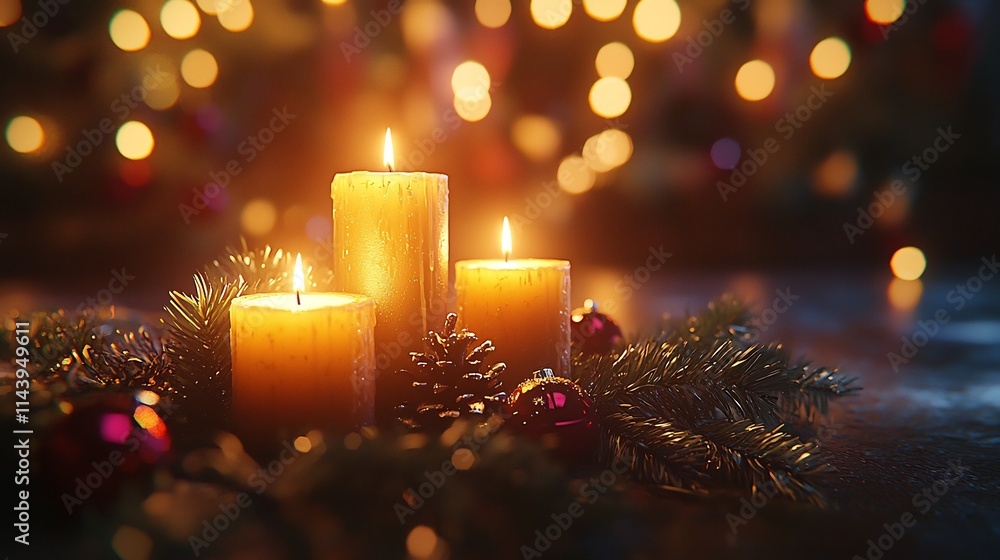 Poster festive and elegant table setting with christmas themed decor including glowing candles sparkling or