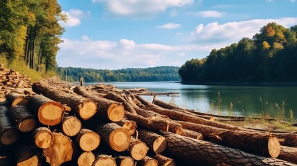 A scenic view of stacked logs lining the riverbank ready for downstream transportation as part of the forestry and timber industry supply chain