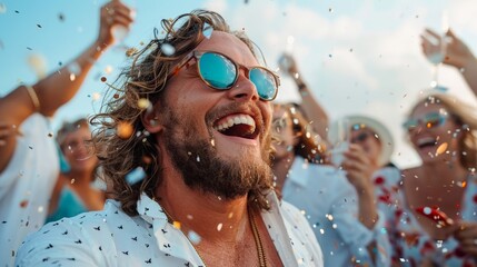 Group of friends celebrating together with confetti under a sunny sky, dressed elegantly, exuding joy and friendship.