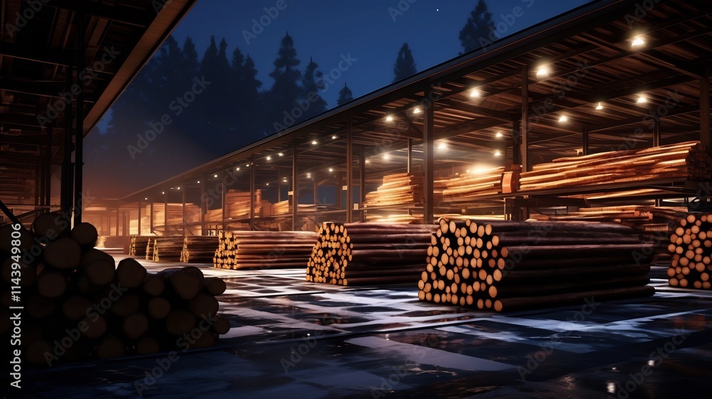 Poster nighttime view of a timber processing facility with stacks of lumber illuminated by bright lights hi