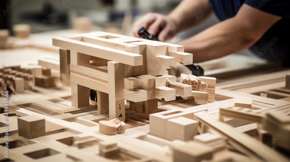 Poster close up view of precisely interlocking wooden furniture joints during the assembly process highligh