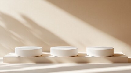 Three white cylindrical podiums on beige platform, sunlit background.