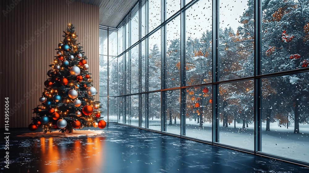 Aufkleber image of a christmas tree standing tall by a large window with soft snow falling gently outside and 