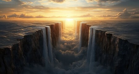 Obraz premium Awe-Inspiring Waterfall Scene Between Floating Cliffs at Sunrise