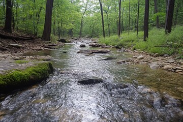 A gentle stream flowing through a dense forest, with smooth rocks and soft moss creating a tranquil setting.