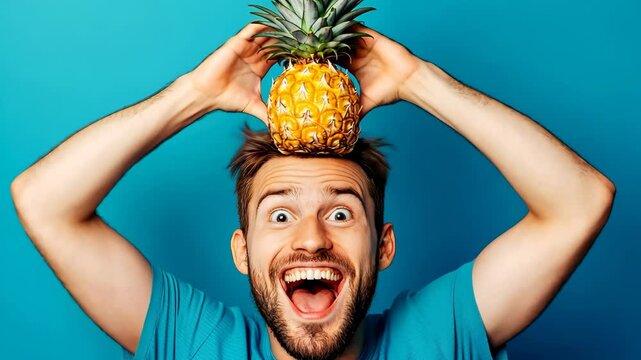 Man is smiling and wearing a pineapple on his head. The image conveys a lighthearted and fun mood, as the man is enjoying himself and making a silly pose