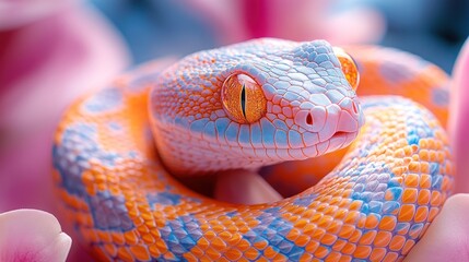 Fototapeta premium Close-up of a vibrant orange and blue snake coiled among pink flowers.