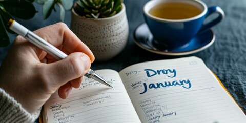 A hand writing in a journal with the title "Dry January," symbolizing commitment to a month without alcohol.