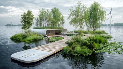 Innovative design of a floating garden bridge with integrated wind turbines and walking paths symbolizing sustainable engineering and the harmonious of nature technology and modern infrastructure