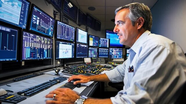 The Data Guardian: A seasoned IT professional intently monitors a wall of computer screens, his focused gaze reflecting the critical importance of his role in safeguarding vital information.  