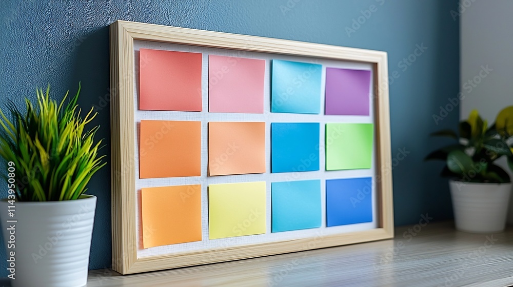 Aufkleber neatly arranged vibrant sticky notes on a minimalist whiteboard backdrop in a tranquil study room se