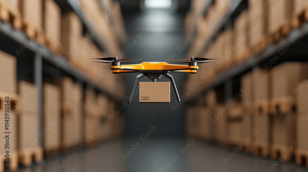Aufkleber drone hovering in warehouse, efficiently transporting packages. scene showcases advanced technology in logistics and inventory management, highlighting automation and innovation