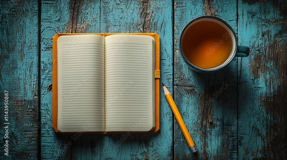 Aufkleber peaceful and serene workspace setting with an open notebook pencil and a cup of steaming hot tea pla