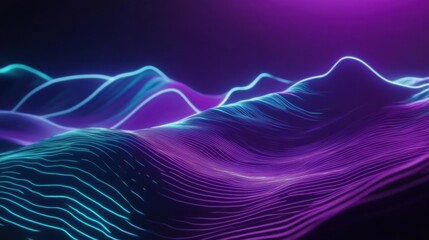 Vibrant neon waves in purple, teal, and electric blue ripple like an aurora&rsquo;s rhythm, creating mesmerizing patterns of flowing energy, blending motion and calmness into dynamic visuals.
