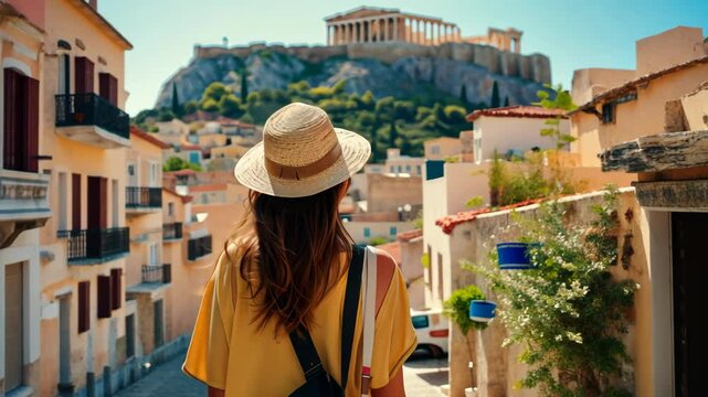 Exploring the historic streets of Athens with a view of the Acropolis