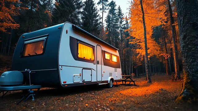 Cozy caravan parked in a serene forest at dusk with warm interior lights.