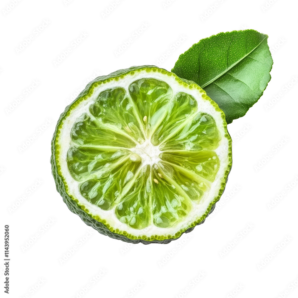 Poster Bergamot slice with green leaf isolated on transparent background highlighting texture and detail, bergamot slice isolated on transparent background