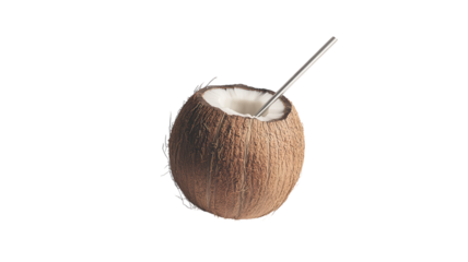 Fresh Coconut with Straw on a White Background: A Tropical Beverage Perfect for Summer Parties and Refreshing Drinks.