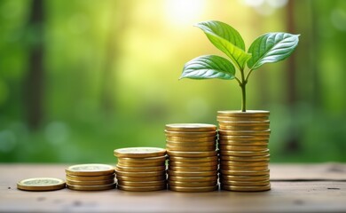 A young plant sprouts from a stack of golden coins, representing financial growth and investment.