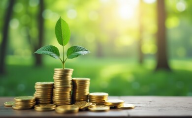 A young plant sprouts from a stack of golden coins, representing financial growth and investment.