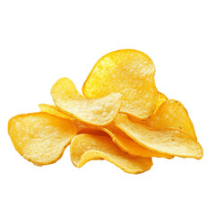Crispy golden potato chips stacked on a clean transparent surface, perfect for snacking anytime, Potato chips isolated on transparent background