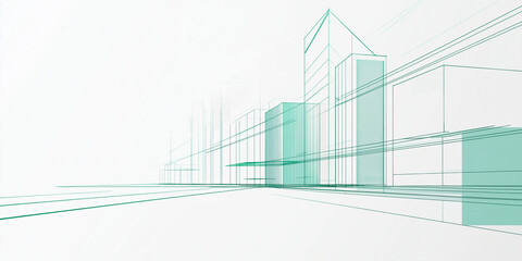 Architektonische Skizze eines modernen Businessparks in t&uuml;rkisen Linien. Konzeptuelle Zeichnung zeigt B&uuml;rogeb&auml;ude und Gesch&auml;ftsviertel