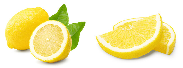 lemon with slice and green leaves isolated on white background. clipping path