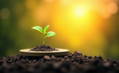 A young plant sprouts from a stack of golden coins, representing financial growth and investment.