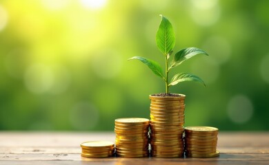 A young plant sprouts from a stack of golden coins, representing financial growth and investment.