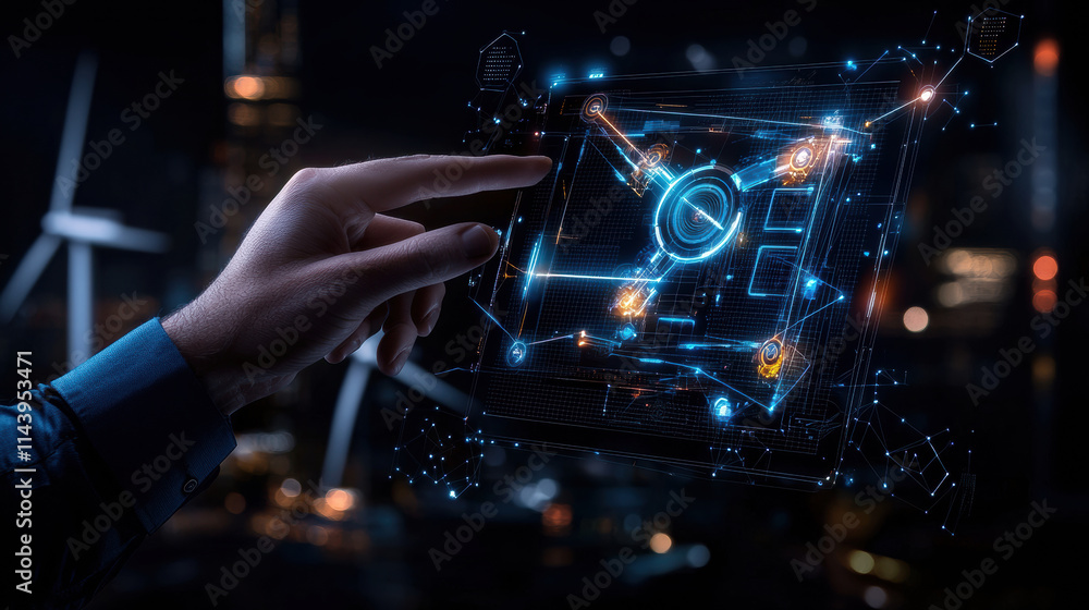 Poster person interacting with futuristic holographic interface, showcasing advanced technology and digital