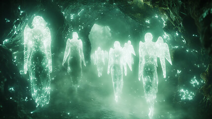 Misty cave with glowing crystals and angelic beings guiding the spirit through a mystical adventure
