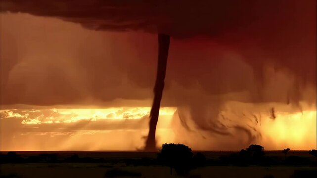 bad weather,   Tornado at Sunset: A dramatic scene of a tornado in the distance during sunset, with golden and fiery red clouds contrasting with the dark, menacing funnel cloud.