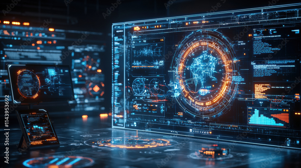 Leinwandbilder futuristic digital workspace featuring advanced holographic displays, data visualizations, and interactive screens. environment is illuminated with vibrant colors, showcasing technology and