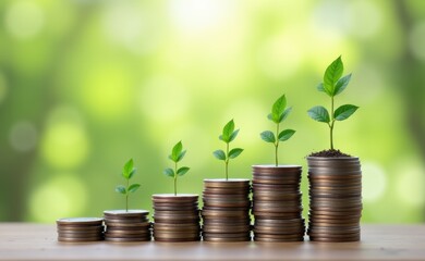 A young plant sprouts from a stack of golden coins, representing financial growth and investment.