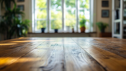 A wooden table with a view of a window and plants