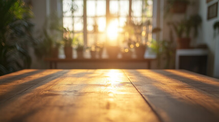 A wooden table with a view of a window and plants