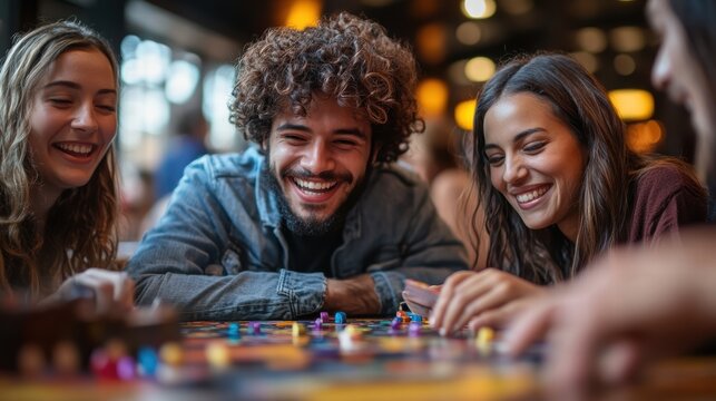 A group of friends playing board games together, laughing and having fun during a friendly competition.