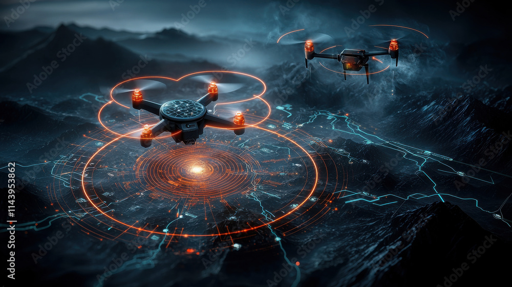 Poster Futuristic drones flying over high tech landscape with glowing data overlays. scene showcases advanced technology and AI integration in environmental monitoring