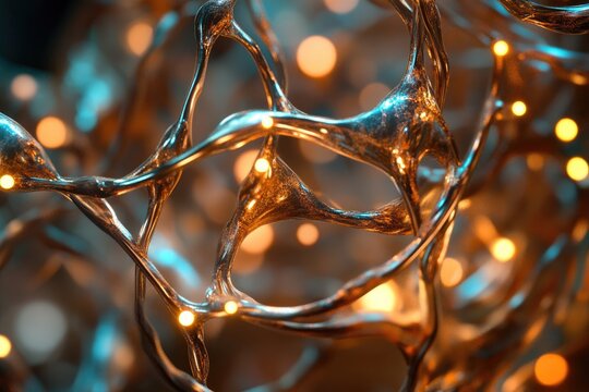 Abstract golden metallic structure with warm bokeh lights, resembling neural network or futuristic art.