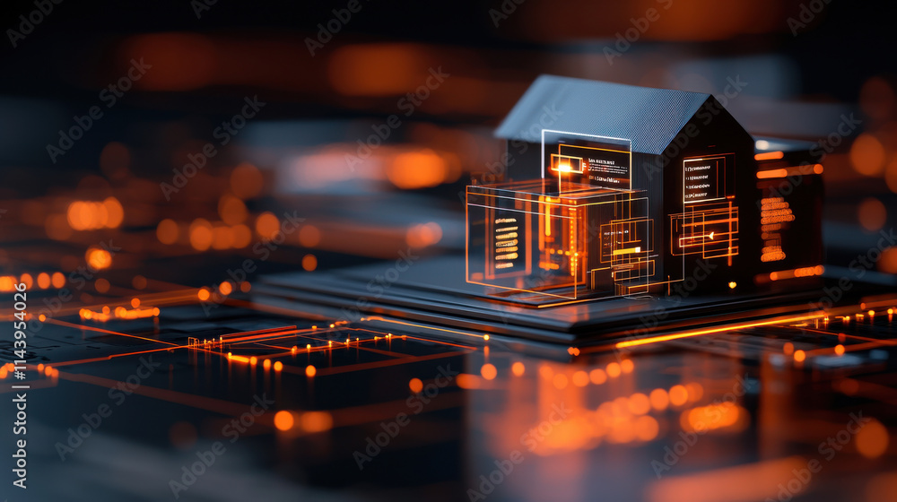 Aufkleber futuristic smart home model with ai and iot technology, glowing in orange hues, represents advanced 