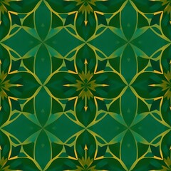 Emerald Green Geometric Pattern: A seamless, captivating tileable pattern in shades of emerald green and gold, featuring intricate geometric shapes and a captivating, mesmerizing design.