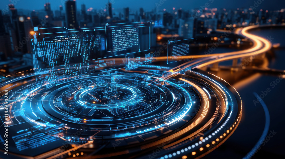 Aufkleber futuristic transportation hub with ai systems, glowing data interfaces, and urban skyline. blend of 
