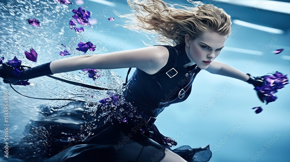 Poster dynamic figure in motion with flowing petals.