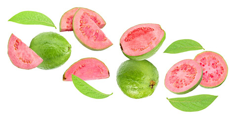 flying guava with slice isolated on white background. clipping path